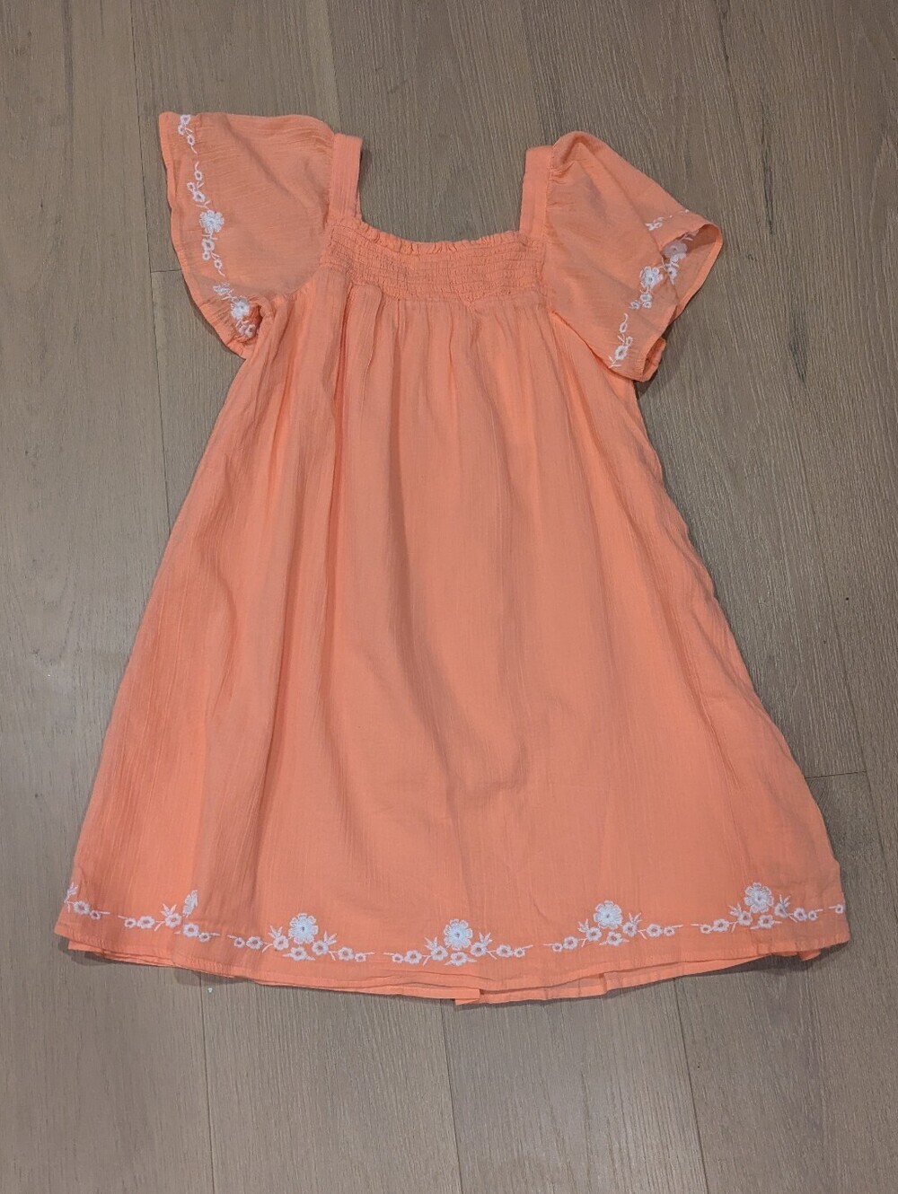 Girls' Peach Embroidered Flutter-Sleeve Dress